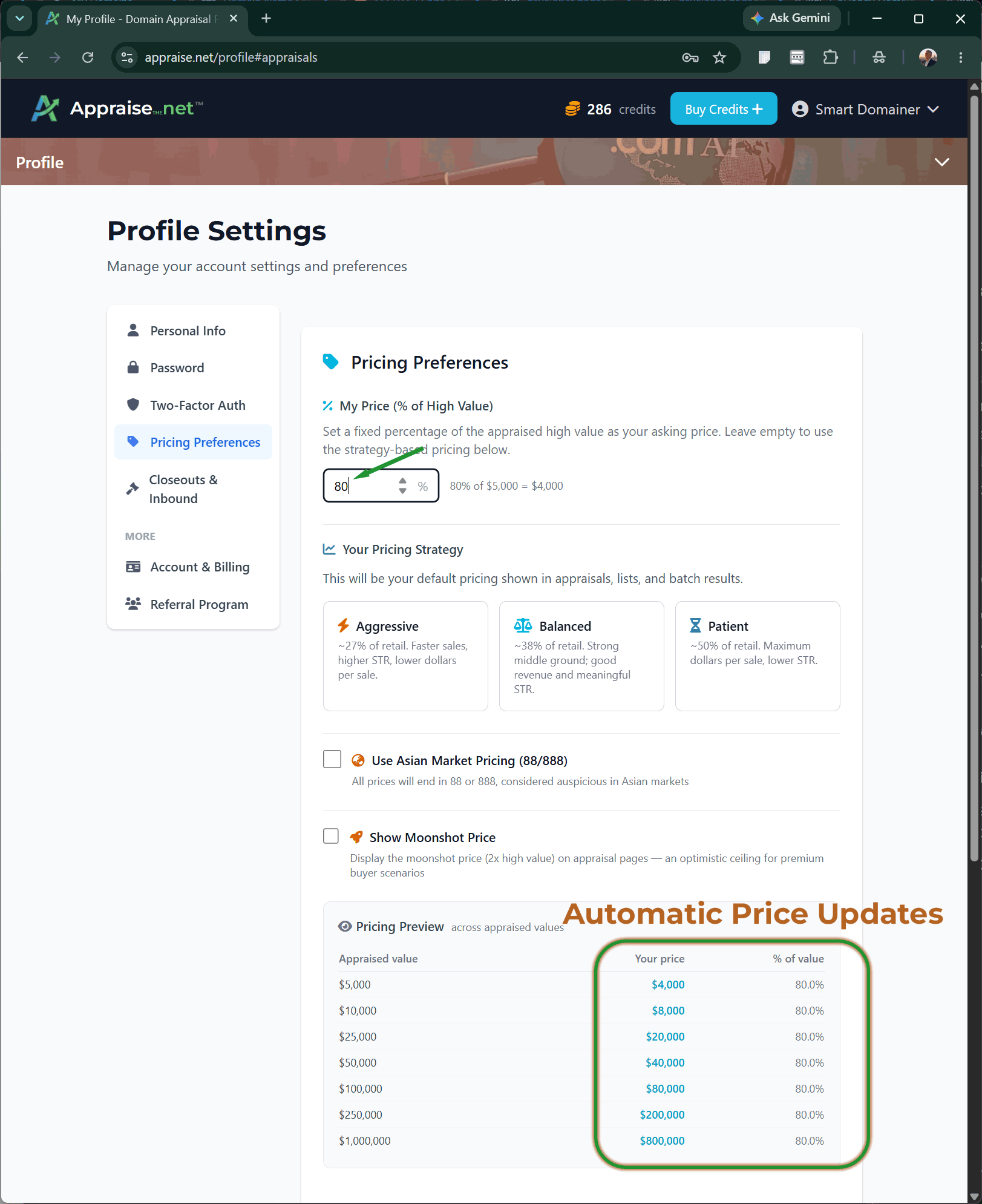 Switching between Aggressive, Balanced, and Patient strategies in Appraise.net Pricing Preferences
