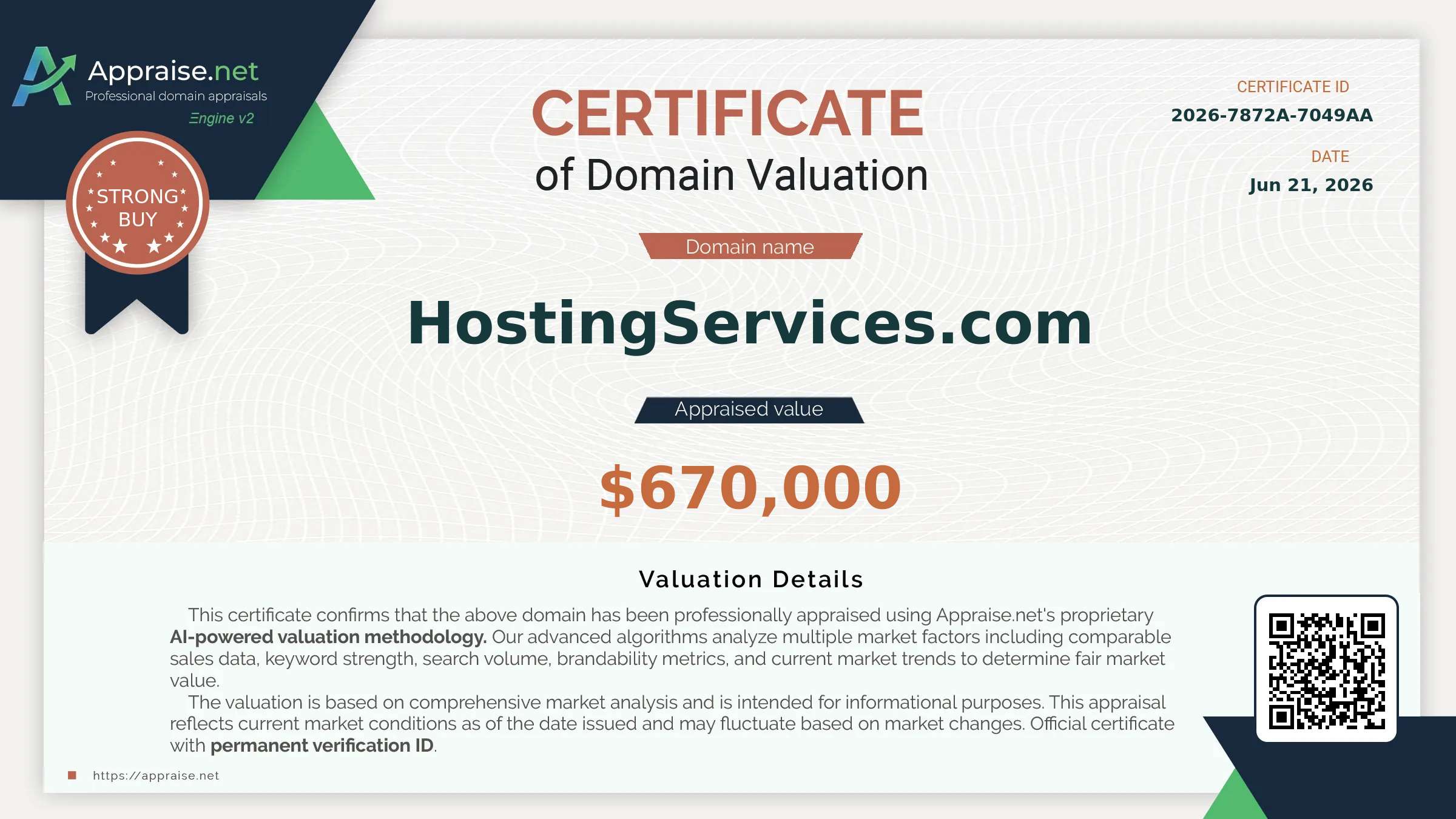 Engine v2 appraisal certificate