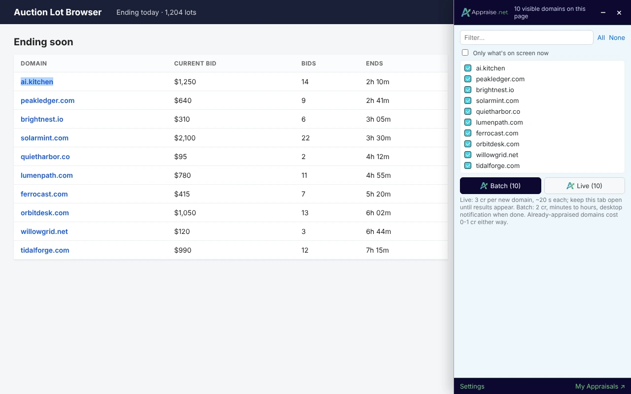 The extract checklist with several domains ticked, the filter box, the "Only what's on screen now" option and the Batch / Live buttons