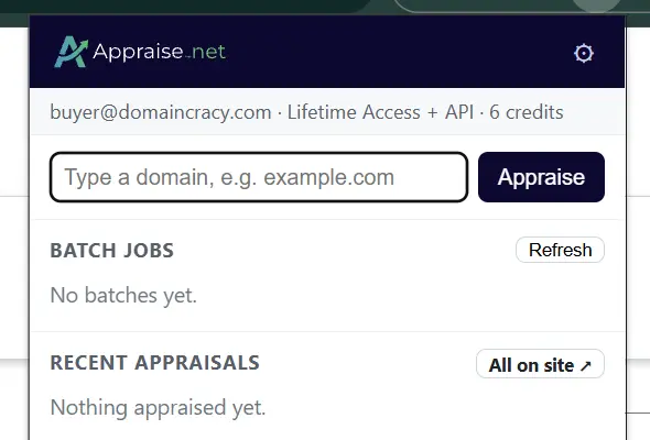 The toolbar popup showing the account line, the quick-appraise box, Batch jobs and Recent appraisals