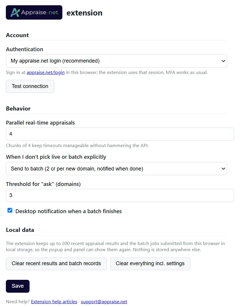 The settings page