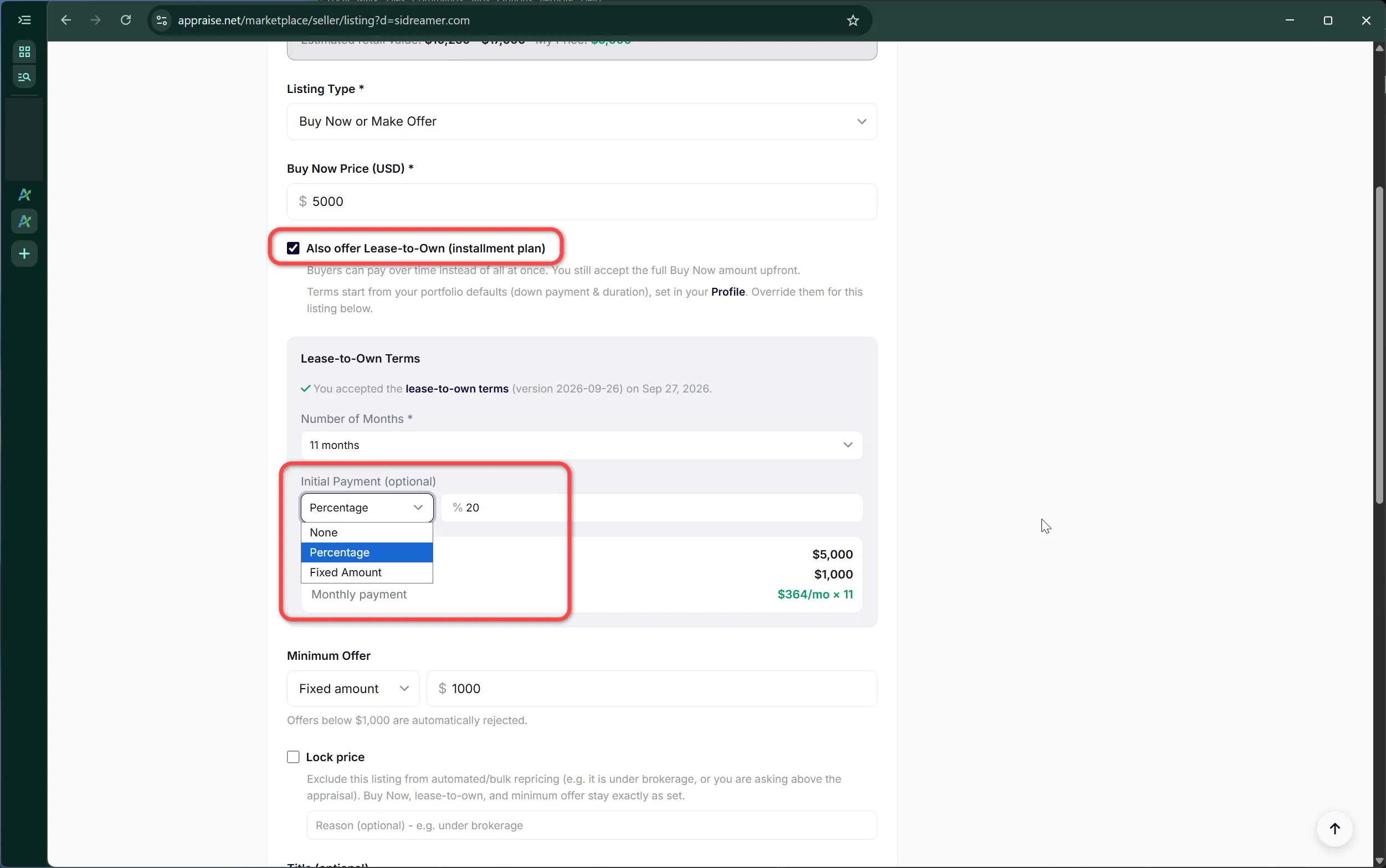 Lease-to-own terms on the listing form