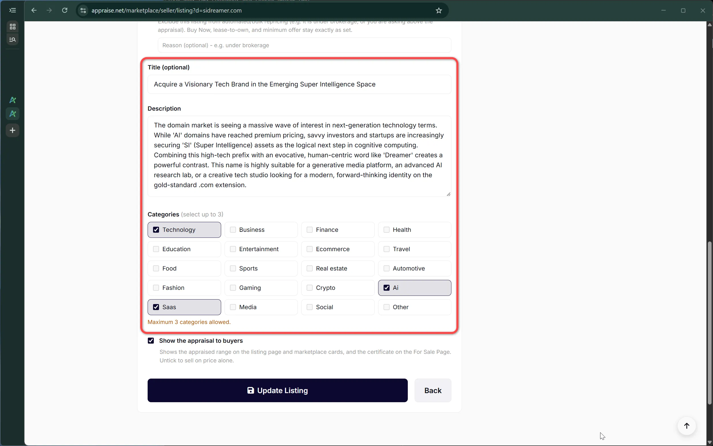 The listing form confirming a domain is eligible
