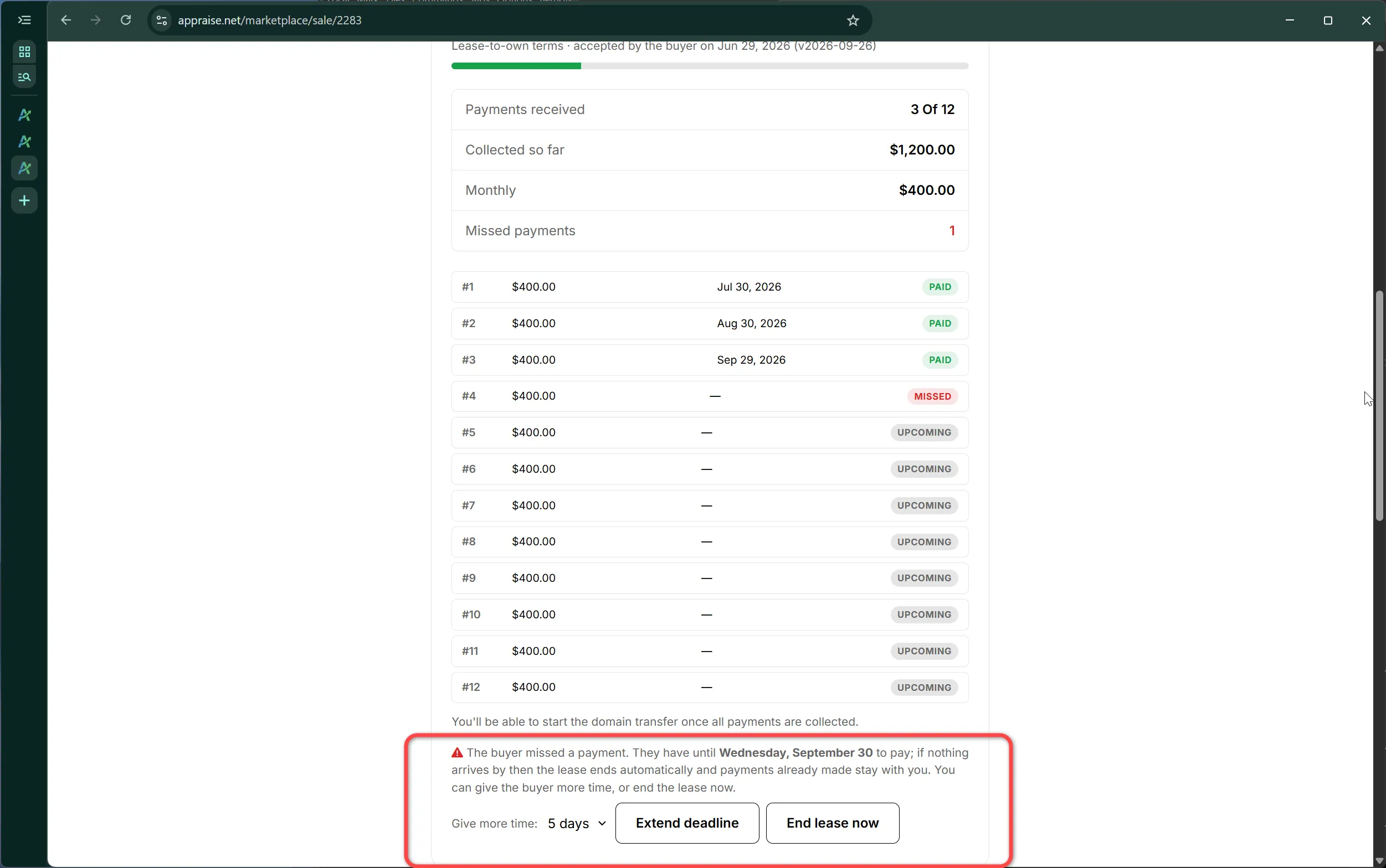 The seller's options after a missed payment