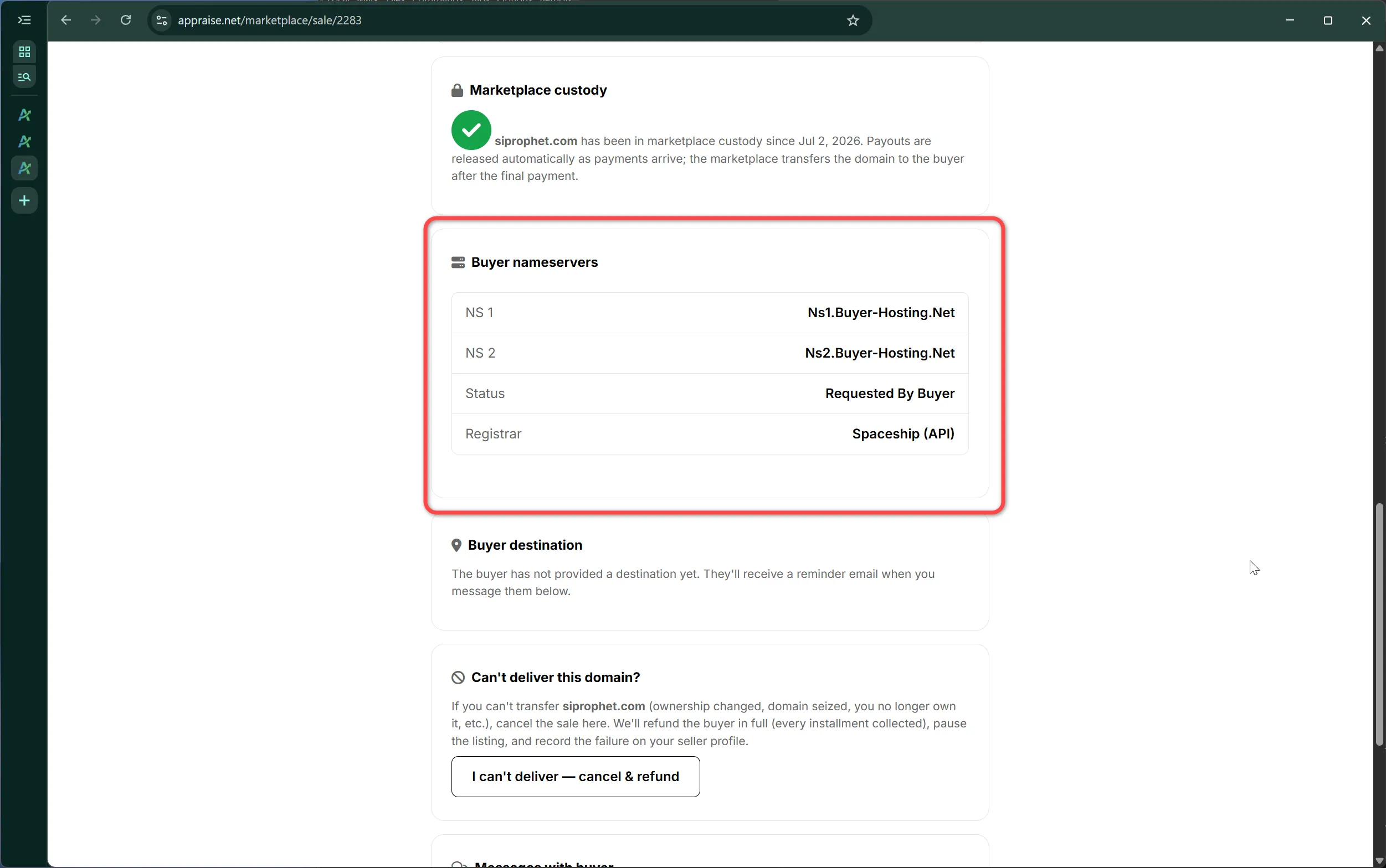 A buyer's nameserver request during a lease