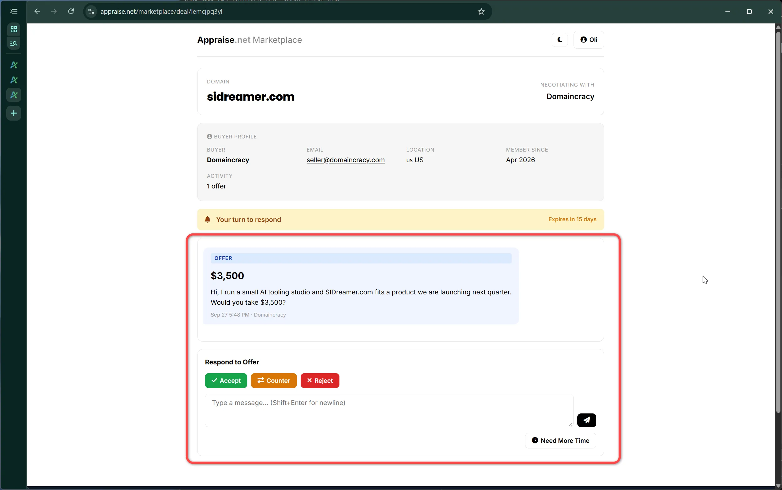 An incoming offer in the deal thread