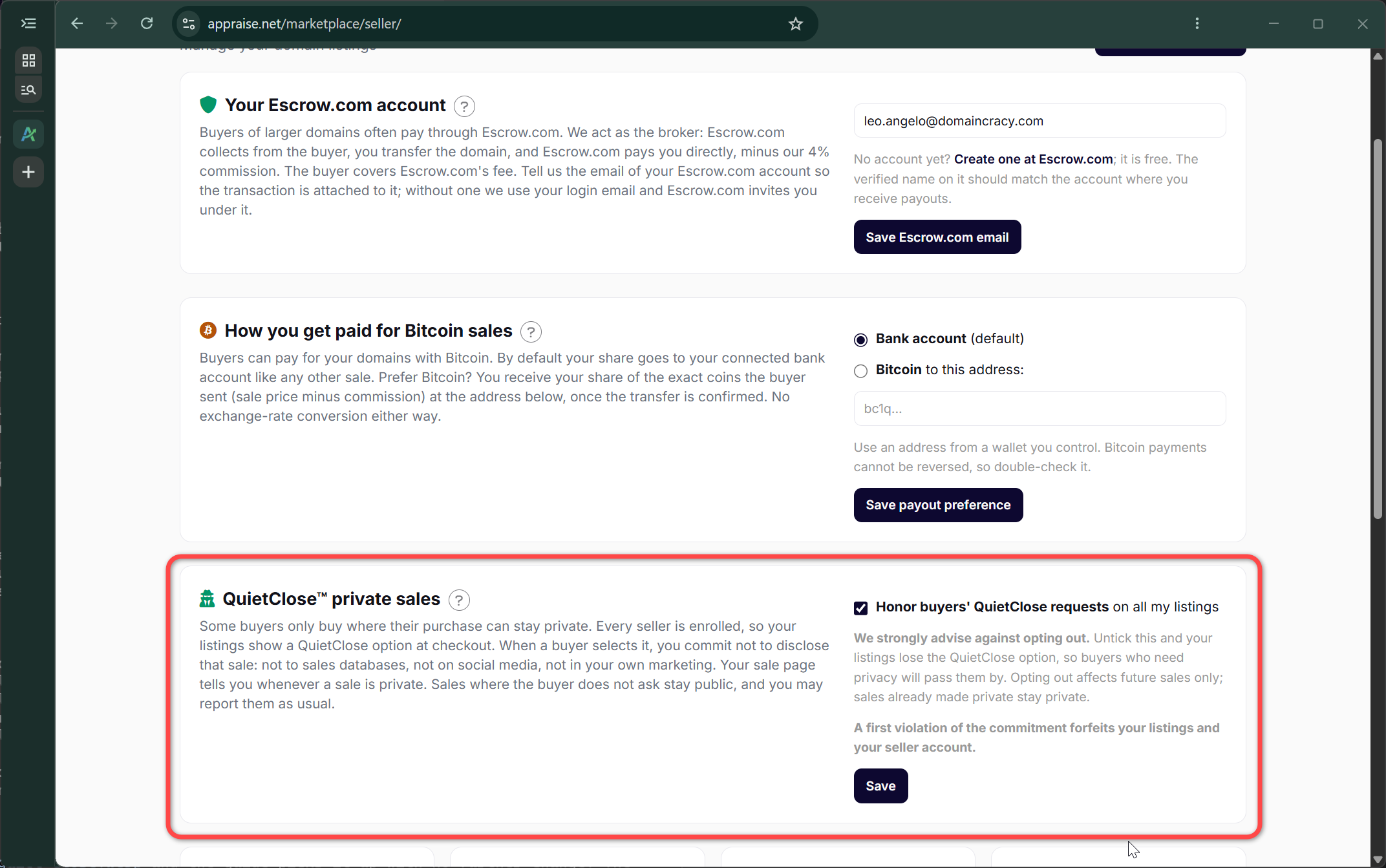 The QuietClose card on the seller dashboard