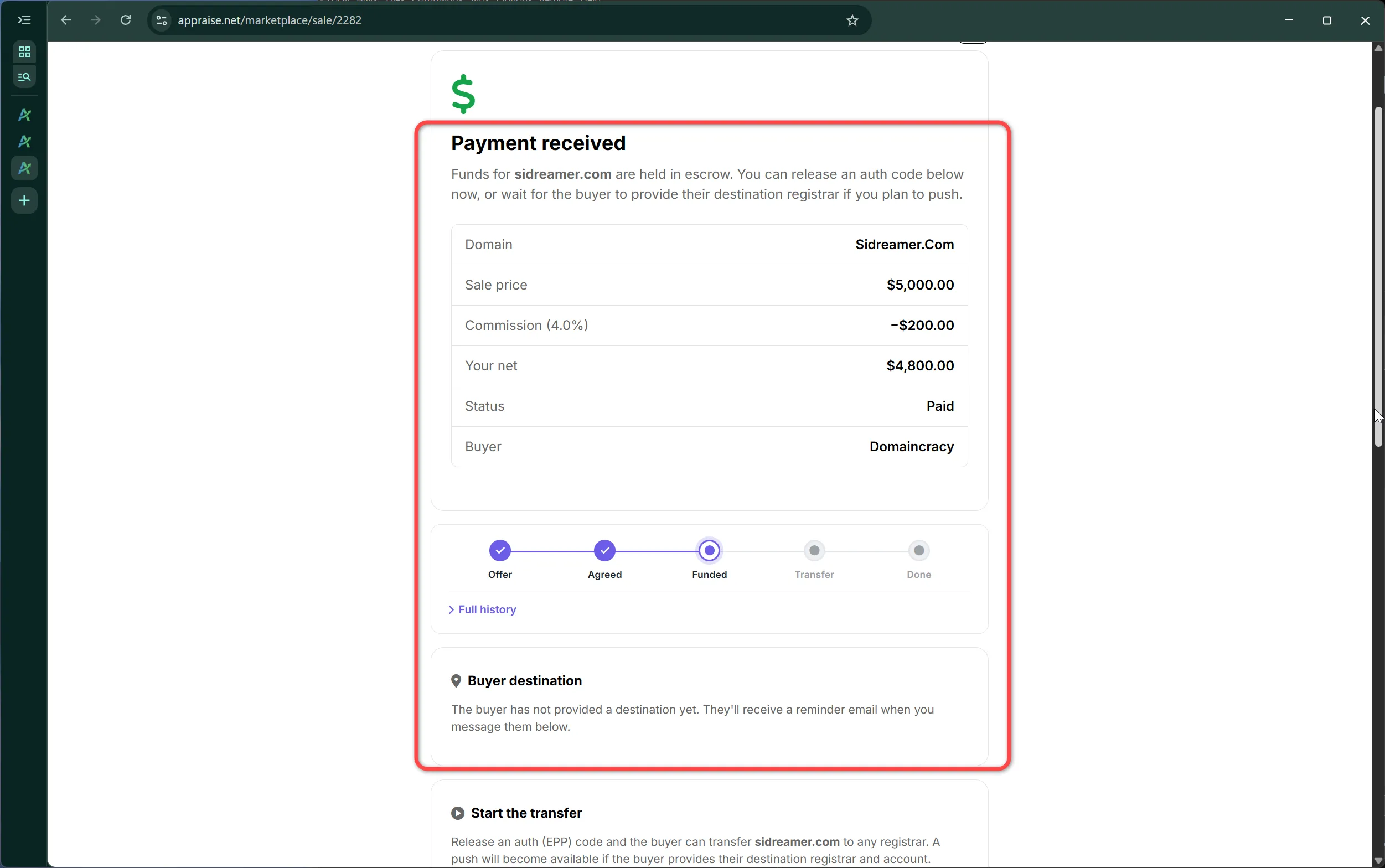 The seller's sale page after payment