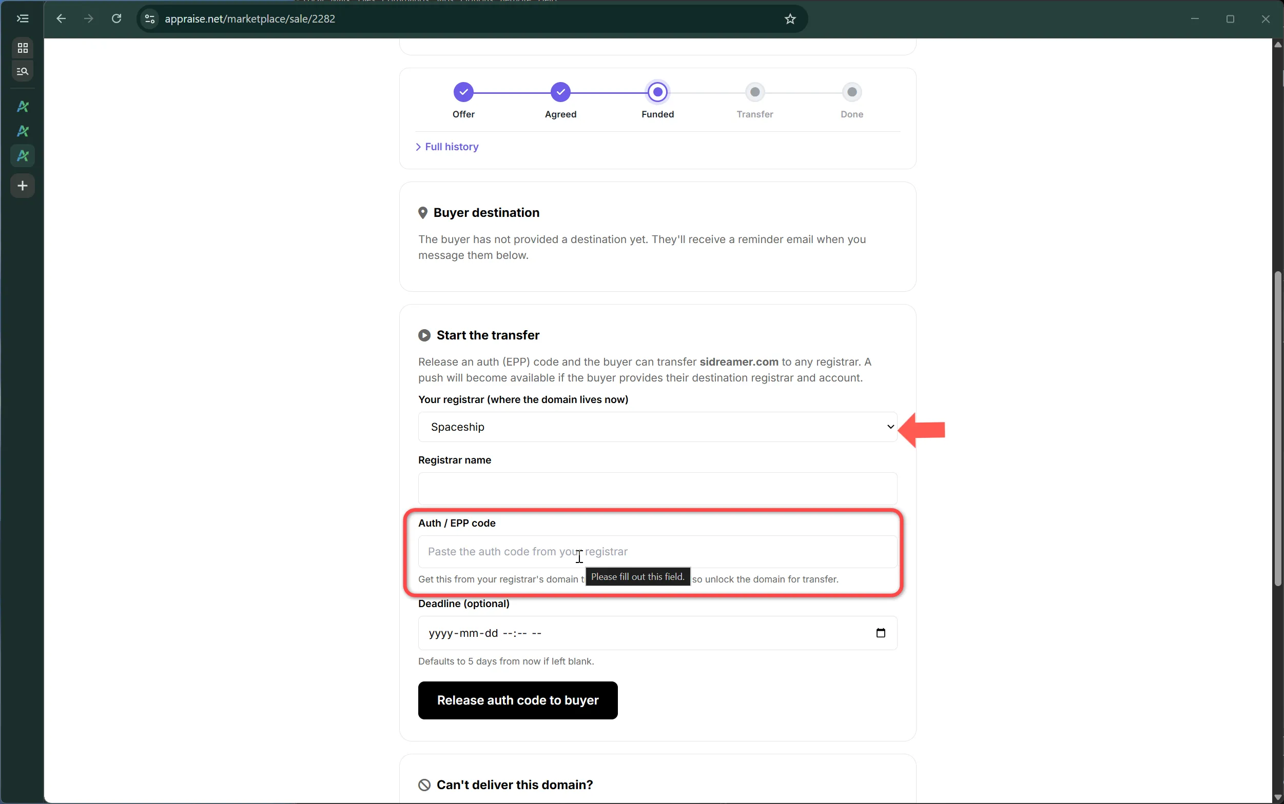 Submitting the transfer authorization code