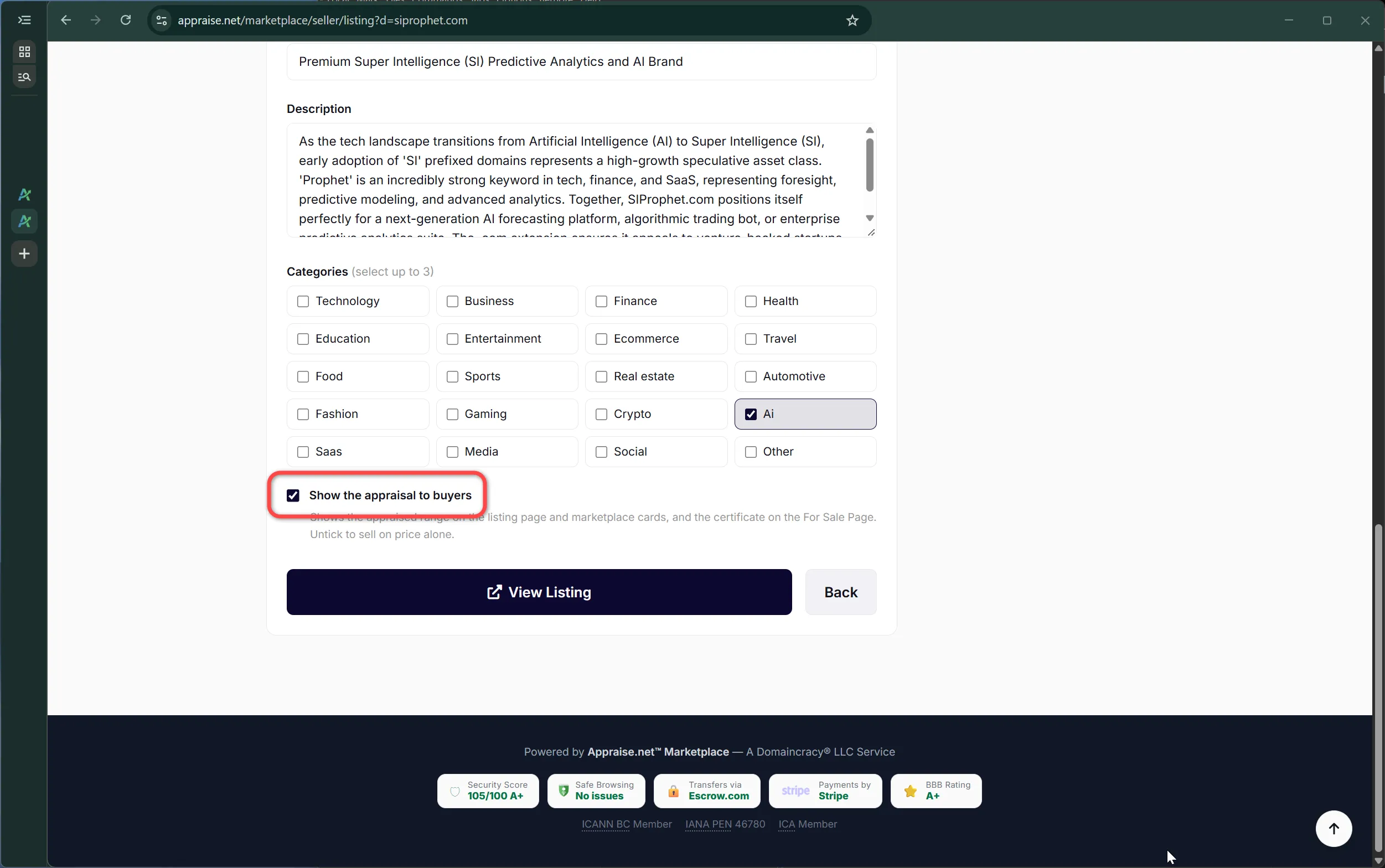 The show-appraisal and price-lock controls